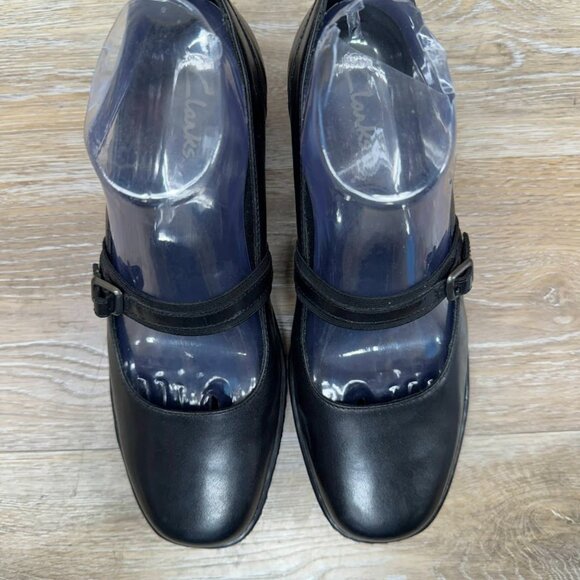 Clarks Black Leather Mary Jane Wedge Heel Women's Size 8 - Picture 2 of 6